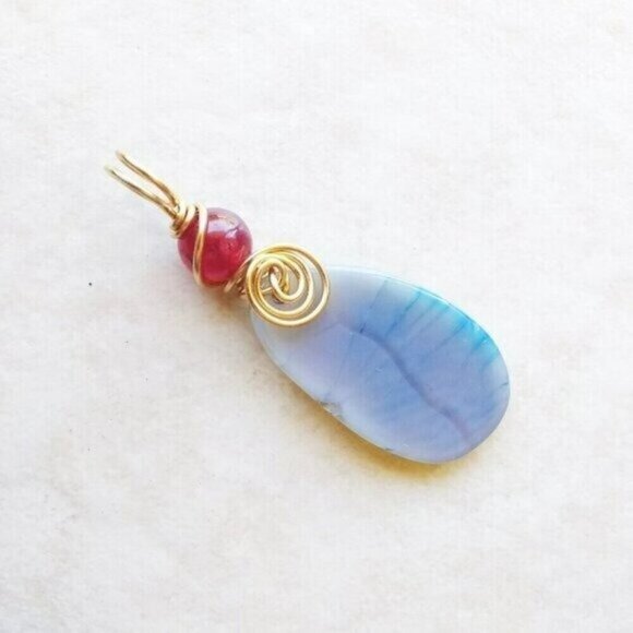 Sky Blue & Berry Red Agate Pendant - Wire Wrapped! Upbeat & Positive Vibes! - Picture 2 of 9